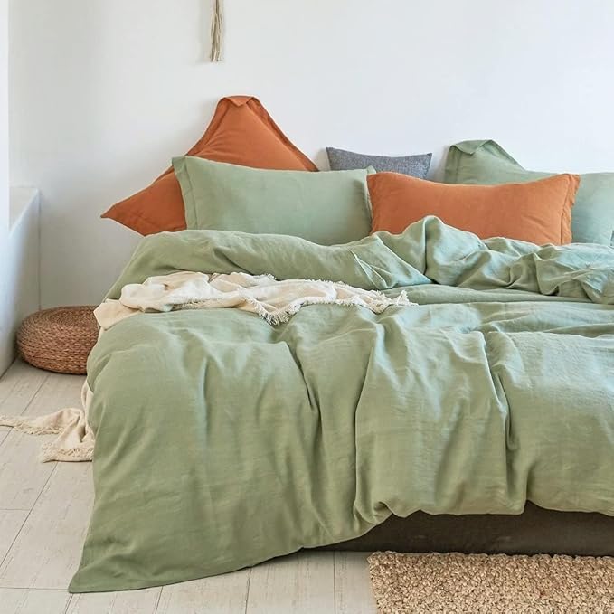 Simple&Opulence 100% Linen Duvet Cover Set 2pcs Natural French Basic Style Washed Flax Solid Color Breathable Soft Farmhouse Bedding with Button Closure (Sage Green, Twin)