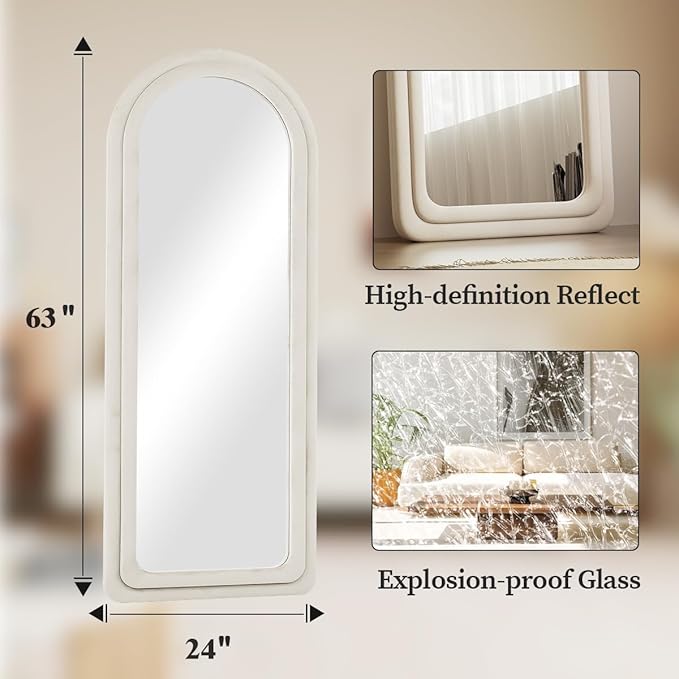 Koonmi 63"x24" Arched Mirror Full Length, Full Body Freely Standing Mirror, Flannel Floor Mirror with Stand for Bedroom, Living Room, Hanging or Against The Wall, White