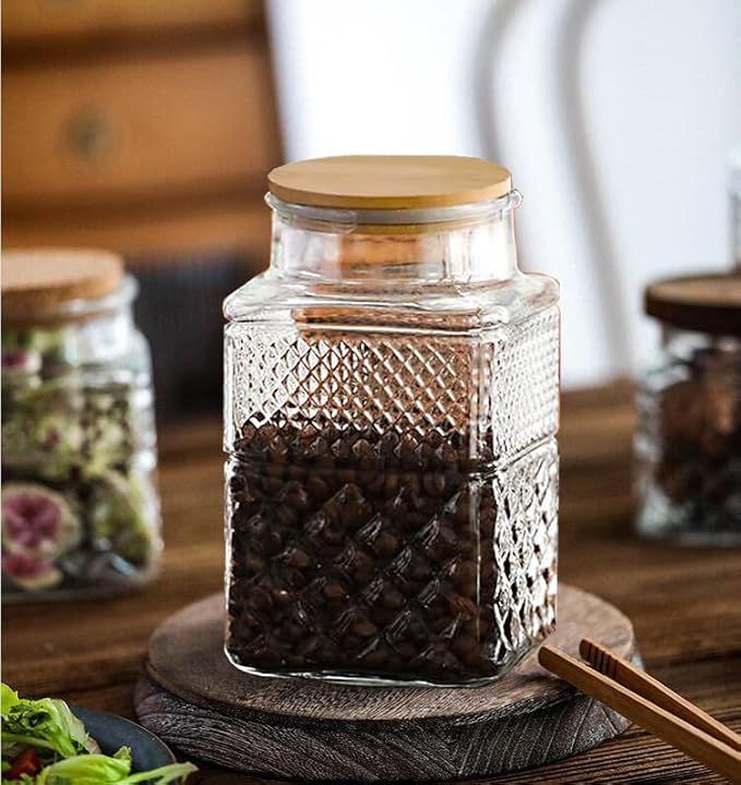 Large Glass Storage Jar, 60 FL OZ Glass Food Storage Containers with Bamboo Lid, Kitchen Containers Cereal Canisters Decorative Jar for Candy Snack Cookies Coffee Tea Nuts Airtight Jars