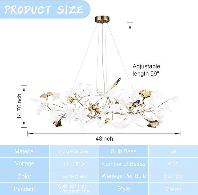 48 Inch Modern Chandelier for Dining Room, Gold Tree Branch Chandeliers with Ceramic Ginkgo Leaves, Leaf Chandeliers, 6-Light Hanging Pendant Light Fixture for Living Room, Kitchen Island