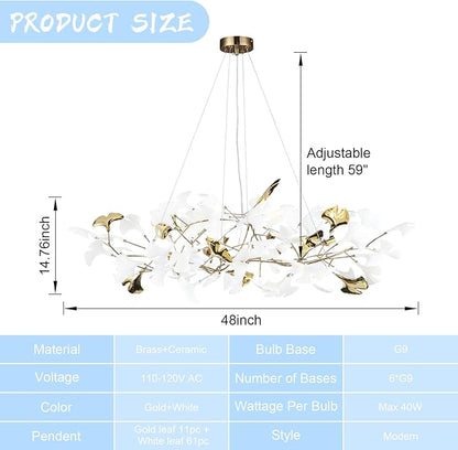 48 Inch Modern Chandelier for Dining Room, Gold Tree Branch Chandeliers with Ceramic Ginkgo Leaves, Leaf Chandeliers, 6-Light Hanging Pendant Light Fixture for Living Room, Kitchen Island