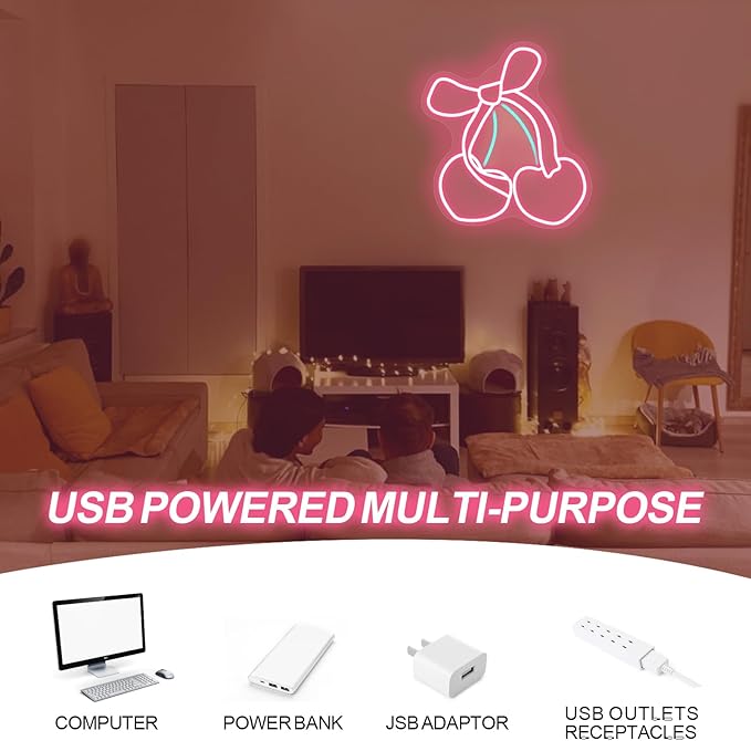 Pink Cherry Bow LED Neon Sign, Girly Heart Coquette Cherry Trendy Wall Art Neon Light Girl's Bedroom Home Dorm Salon Wall Decor for Kids Room,Restaurant,Bar,Fruit Shop,Home, Wedding Supplies