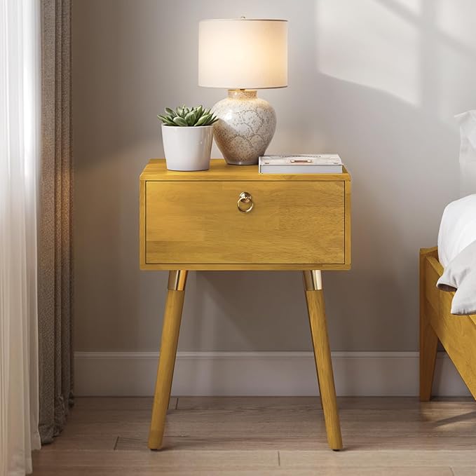 Bme Alden Wood Nightstand, Solid Wood End Table, Mid Century Modern Nightstand, Side Table with 1 Drawer, Compact for Bedroom, Living Room & Study Room, Easy Assembly, Golden Natural