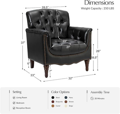 HULALA HOME Mid Century Modern Leather Club Chairs Set of 2, Top-Grain Genuine Leather Armchairs with Button-Tufted Back & Solid Wood Legs, Accent Chairs for Living Room/Bedroom/Home Office, Black