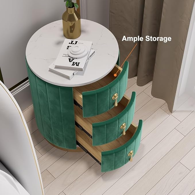 homary Green Velvet Nightstand with 3 Drawers, Round Bedside Table with Sintered Stone Top, Modern Nightstand with Storage for Bedroom, End Table for Living Room