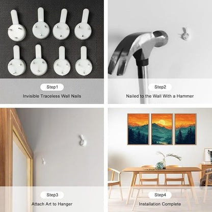 HOURIA Large Sunrise Mountain Forest Landscape Framed Canvas Wall Art Set,Orange Sky Green Ridge Wall Decor,Nature Pine Tree Artwork,Boho Watercolor Art Print for Living Room, Bedroom- 24"x36"x3