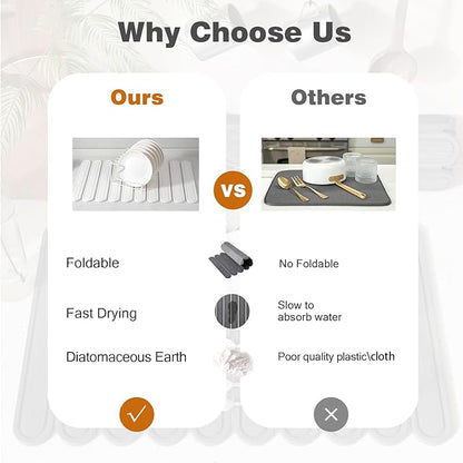 Stone Dish Drying Mat for Kitchen Counter, Quick Dry Stone Mat Kitchen for Dishes Bottles Cups, Large Foldable Diatomaceous Earth Dish Drying Mats Match Any Countertop, White