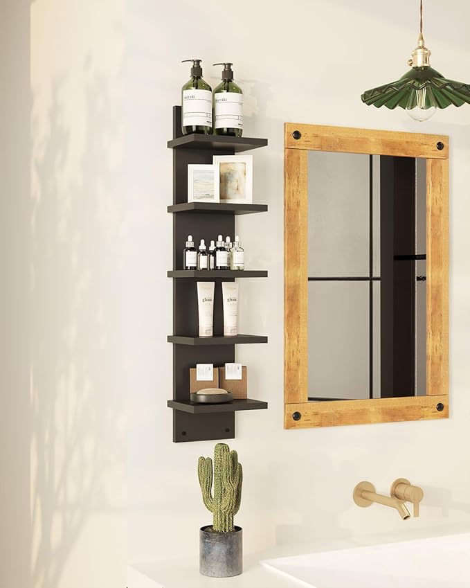 IBUYKE 5 Tier Wall Shelf Unit,Black Vertical Shelf,Floating Storage Wall Shelf,Decorative Wall Mount Vertical Shelving for Home, Bedroom,Living Room,Office Decor WBC009B