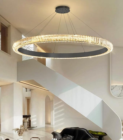 40" 1 Ring Crystal Chandelier Modern LED Dimmable Ring Pendant Light Chandelier for Dining Room Living Room Black