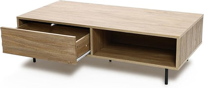 LuxenHome Mid-Century Modern Coffee Table with Storage, Wave Design Farmhouse Wood Center Table with Metal Legs, Open Shelf & Drawer, Accent Tea Table for Living Room, Rustic & Functional Design