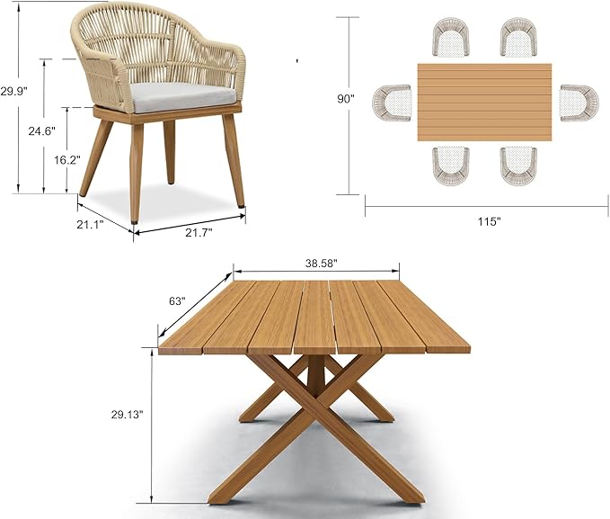 PURPLE LEAF 7 Pieces Patio Dining Set with Outdoor Aluminium Dining Table and Woven Chairs Modern Metal Furniture Cushions Sets for Garden Yard Indoor Decor Kitchen Teak