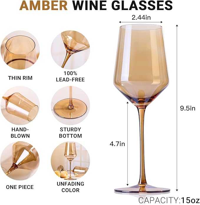Physkoa Brown/Amber Wine Glasses Set of 6-15oz Hand Blown Crystal Colored Wine Glasses with Long Stem, Wedding, Birthday, Valentines Day Glassware