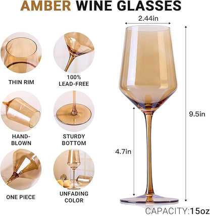 Physkoa Brown/Amber Wine Glasses Set of 6-15oz Hand Blown Crystal Colored Wine Glasses with Long Stem, Wedding, Birthday, Valentines Day Glassware