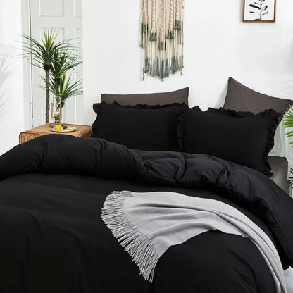 CLOTHKNOW Black Ruffles King Size Comforter Set Farmhouse Bedding Comforter Sets Shabby Chic Comforter Boho Comforter with 2 x Pillow Cases