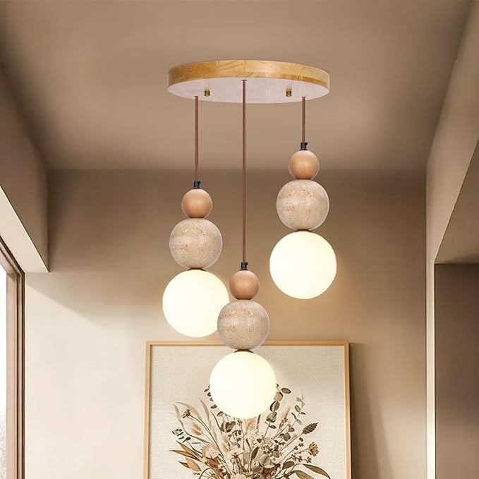 Wabi Sabi Pendant Light,3-Light Travertine Stone Fixture-Japandi Japanese Style Lamp,Nordic Wood Chandelier,Spherical Scandinavian Pendant Light Suits Kitchen Islands,Dining & Living Rooms(Log Color)