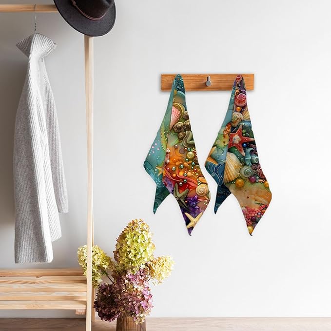 Colorful Beach Kitchen Towels Set of 2 Seashells Starfish Ocean Waves Dish Towels Housewarming Holiday Tabletop Decor Beach