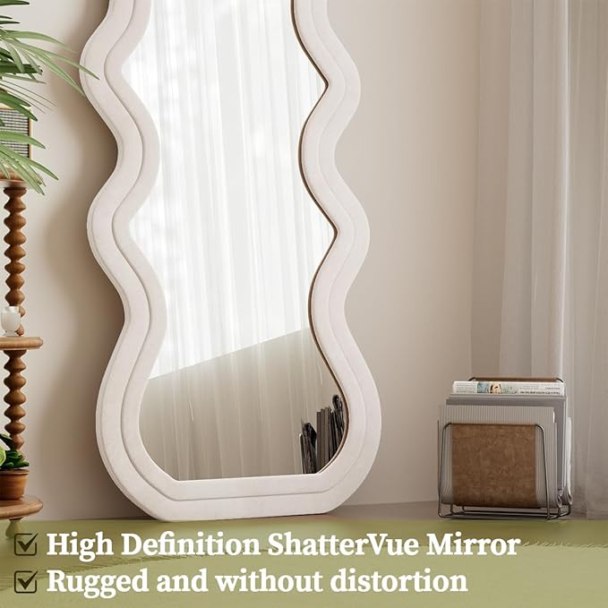 Koonmi 63"x24" Irregular Mirror Full Length, Large Full Body Freely Standing Mirror, Flannel Wave Floor Mirror with Stand for Bedroom, Living Room, Hanging or Against The Wall, White