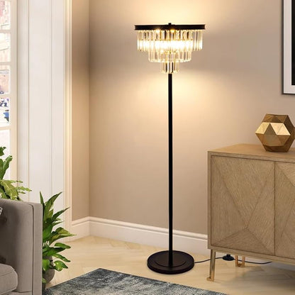 Wellmet 4 Lights Black Floor Lamp, Modern 3 Tiers Crystal Standing Lamp for Living Room Bright Lighting, Elegant Tall Crystal Floor Lamp with Foot Switch for Reading Room, Bedroom, Office (E12 Base)