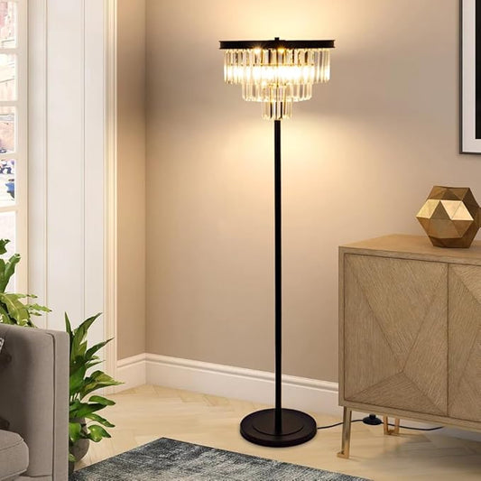 Wellmet 4 Lights Black Floor Lamp, Modern 3 Tiers Crystal Standing Lamp for Living Room Bright Lighting, Elegant Tall Crystal Floor Lamp with Foot Switch for Reading Room, Bedroom, Office (E12 Base)