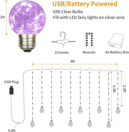 YOLIGHT Wishing Ball Curtain Lights 200 LED Window Curtain String Lights with Remote, USB Battery Powered Twinkle Globe Fairy Lights for Wedding Party Bedroom Halloween Christmas Decoration (Purple)