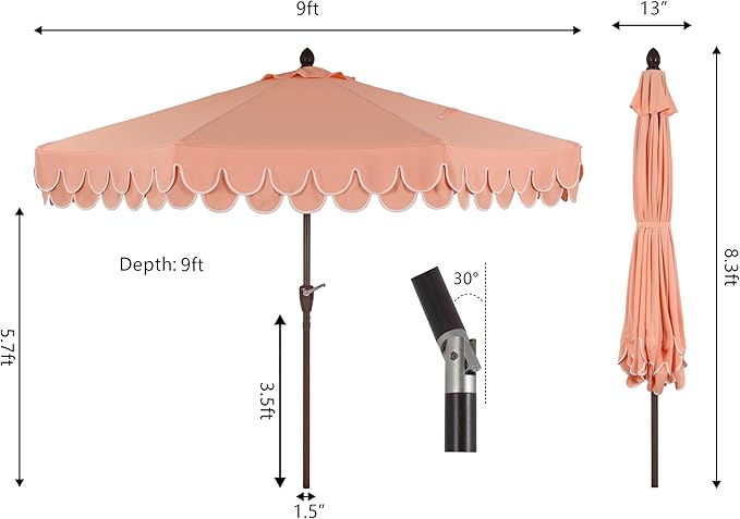 JONATHAN Y UMB1002E Tracy 9 ft. Classic MidCentury Scalloped Fringe Market Patio Umbrella with Auto-Tilt, Crank, Wind Vent and UV Protection in Coral Pink/White