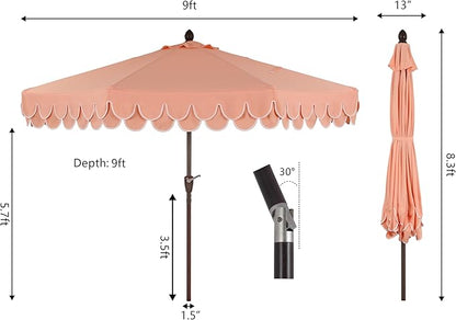 JONATHAN Y UMB1002E Tracy 9 ft. Classic MidCentury Scalloped Fringe Market Patio Umbrella with Auto-Tilt, Crank, Wind Vent and UV Protection in Coral Pink/White