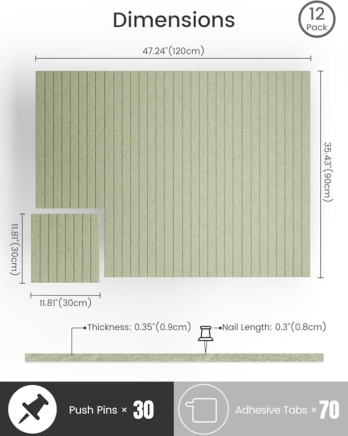 Bumusty Large Cork Board Alternative-47 x35 Felt Bulletin Board Tiles, with 30 Pushpins, 70 Adhesive Tabs, 12-Pack Slat Wall Paneling, Cork Boards for Office Push Pin Board Felt Board-Sage