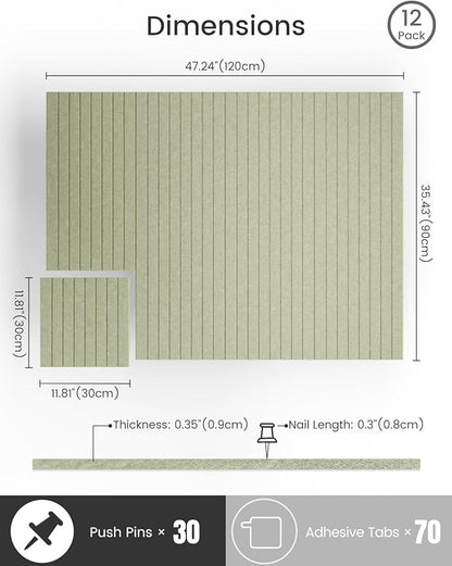 Bumusty Large Cork Board Alternative-47 x35 Felt Bulletin Board Tiles, with 30 Pushpins, 70 Adhesive Tabs, 12-Pack Slat Wall Paneling, Cork Boards for Office Push Pin Board Felt Board-Sage