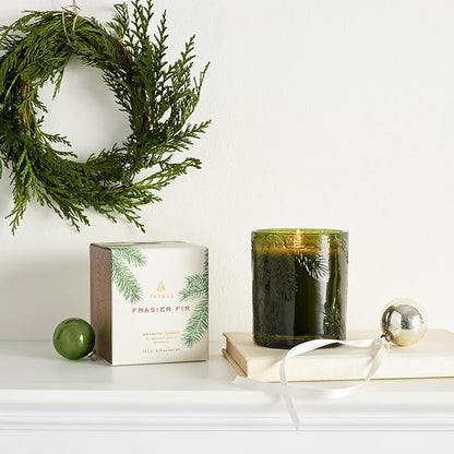 Thymes Frasier Fir Candle - Molded Green Glass Jar with Pine Needle Design - Winter Candle Gifts for Women & Men - Fresh Home Fragrance - Notes of Crisp Siberian Fir, Cedarwood & Sandalwood (6.5 oz)