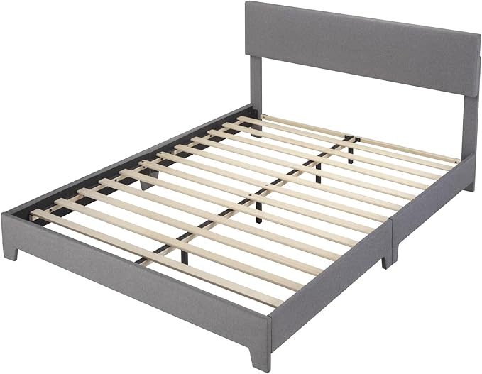 Allewie Queen Bed Frame with Upholstered Adjustable Headboard, Platform Bed with Wood Slats, Heavy Duty Mattress Foundation, No Box Spring Needed, Easy Assembly, Light Grey