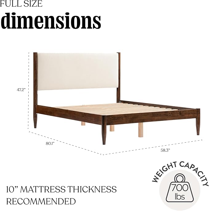 DG Casa Solid Wood Boucle Mid-Century Modern Full Size Wooden Platform Bed Frame - Upholstered in Cream Boucle - Walnut Finish