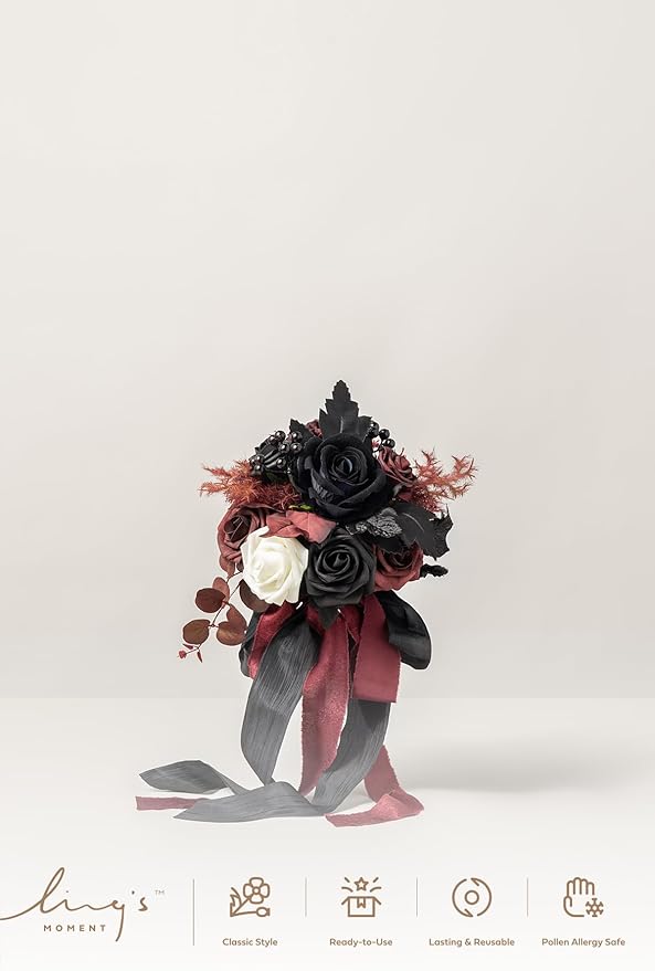 Ling's moment Artificial Flowers Gothic Bridesmaid Bouquet, Burgundy and Black Wedding Flowers Bouquets for Bridesmaids, 7 Inch Bridal Bouquets for Bridesmaids, Wedding, Ceremony, Anniversary, etc