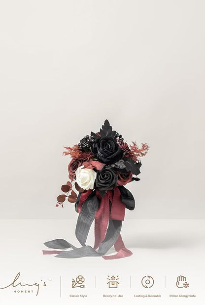 Ling's moment Artificial Flowers Gothic Bridesmaid Bouquet, Burgundy and Black Wedding Flowers Bouquets for Bridesmaids, 7 Inch Bridal Bouquets for Bridesmaids, Wedding, Ceremony, Anniversary, etc