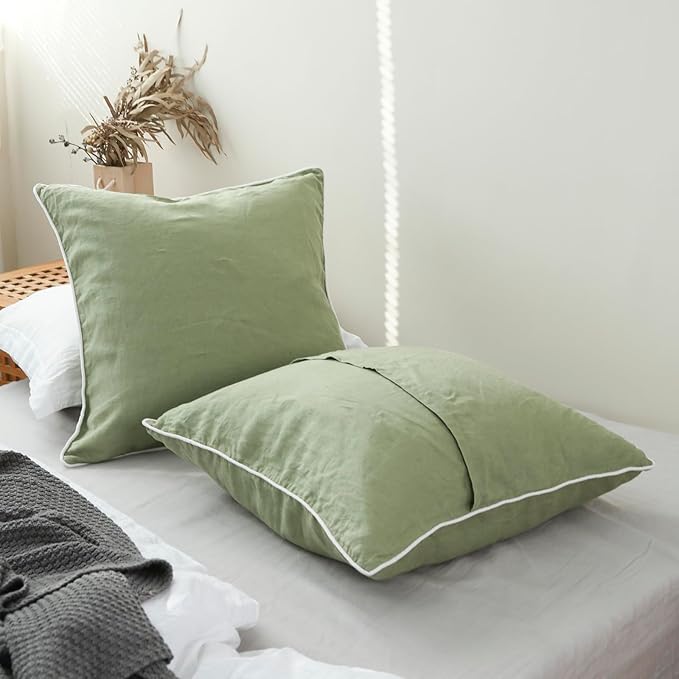 Simple&Opulence 100% Linen Euro Sham Covers with Piping Trim, 26"x26" Pillow Cover Set of 2, Breathable Pillow Shams for Bed Couch Decorative Cushions, Sage Green
