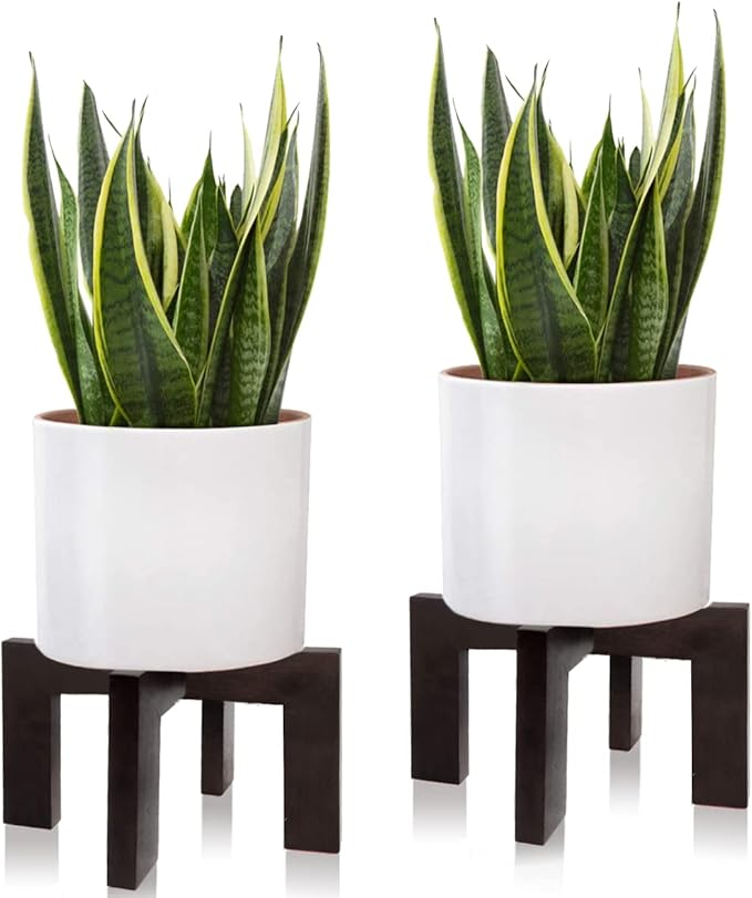 2 Pack Plant Stand Indoor Outdoor, Mid Century Plant Stand for Indoor Plants, Wood Modern Plant Holder Rattan Flower Plant stool, Low Short Boho Rustic Planter Stand, Fit 5-15 Inch Pot