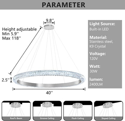 40" 1 Ring Crystal Chandelier Modern LED Dimmable Ring Pendant Light Chandelier for Dining Room Living Room Silver