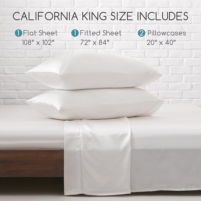 MR&HM Satin Bed Sheets, California King Size Sheets Set, 4 Pcs Silky Bedding Set with 15 Inches Deep Pocket for Mattress (California King, Ivory)