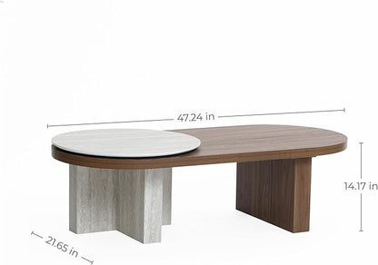 LuxenHome Oval Coffee Table, 47'' Mid Century Modern Walnut Finish Coffee Table for Living Room, Home Or Office, Farmhouse Travertine-Style Unique Wood Accent Center Tables for Small Space