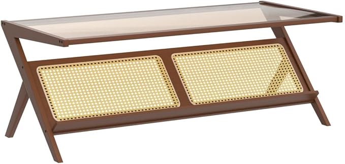 Bamworld Mid-Century Modern Coffee Table with Glass Top Rattan Center Table with Storage for Living Room Table Brown