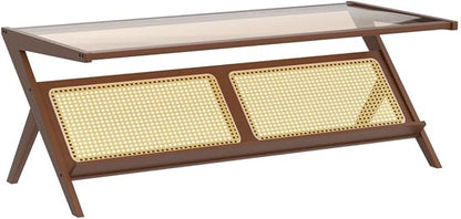 Bamworld Mid-Century Modern Coffee Table with Glass Top Rattan Center Table with Storage for Living Room Table Brown
