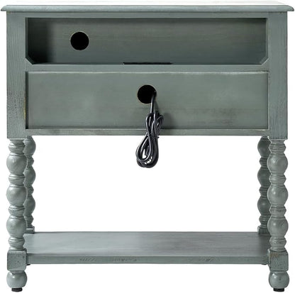 HULALA HOME Farmhouse Storage End Table with 2 Drawers and Open Shelf, Solid Wood Side Table with Spindle Legs, Nightstand with Charging Station (Blue)