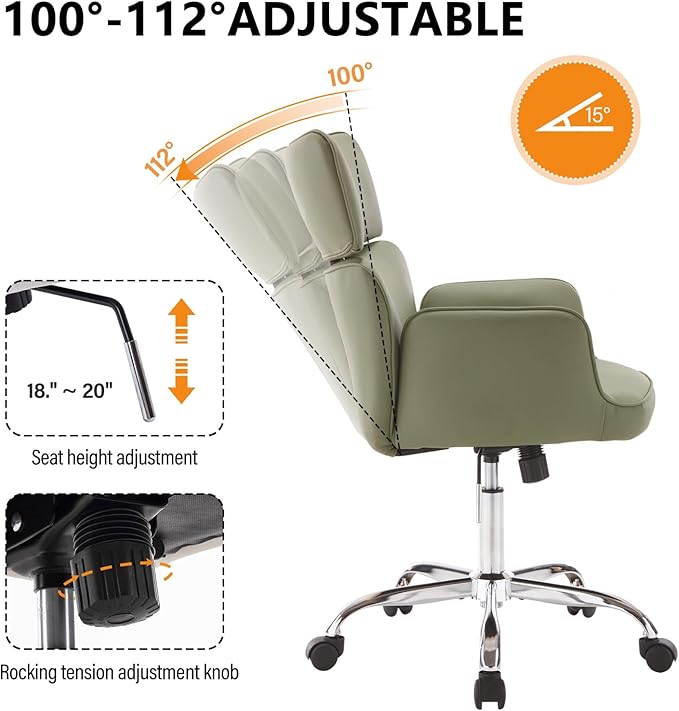 BV Adjustable Desk Chair with Wheels for Make Up, Faux Leather Rolling Armchair, 360° Swivel Comfy Task Chair for Home Office, Green