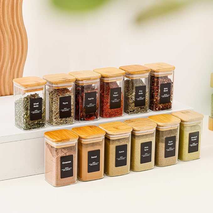 16Pcs 9oz Spice Jars Glass Container with 275 Labels, Airtight Seasoning Empty Organizer with Bamboo Lid Set for Pepper, Salt, Sugar