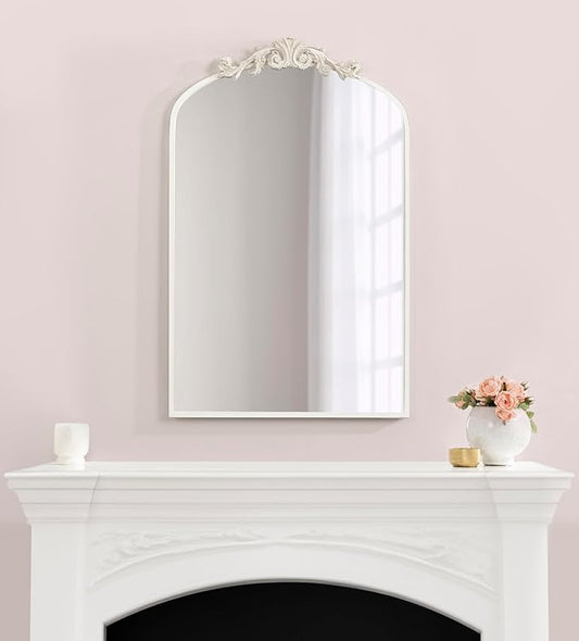 Kate and Laurel Arendahl Traditional Arch Wall Mirror; 24 x 36; Antique White; Vintage Glam Baroque-Inspired Arched Bathroom Vanity Mirror with Ornate Crown