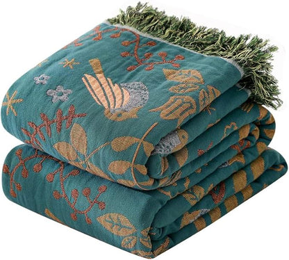 Boho Throw Blanket 100% Cotton Woven Ultra Soft 4-Layer Muslin Quilt Farmhouse Bed Blanket Cover 80"x90", Bird Floral