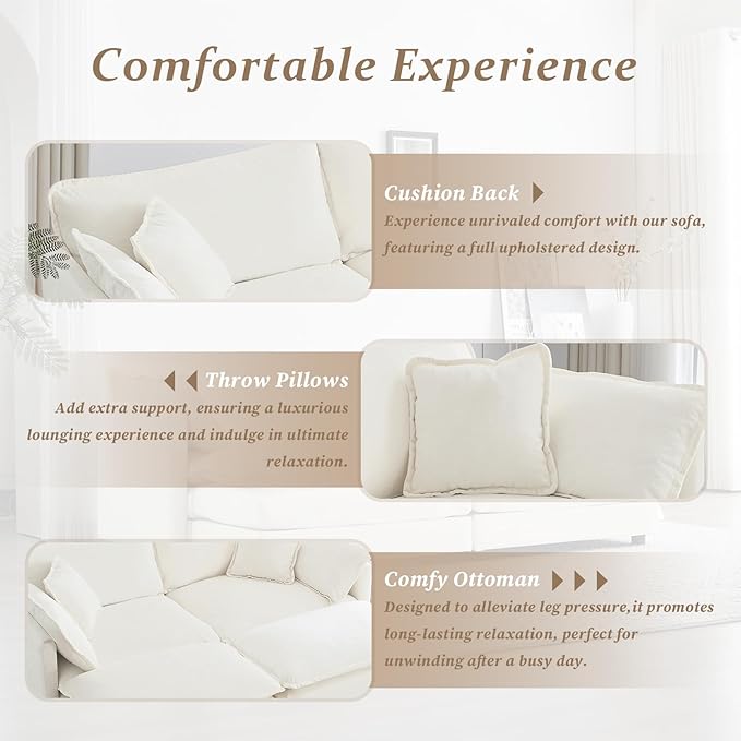 SoarFlash Chenille Sectional Sofa, Comfy Modular Coush Sofa with Ottoman, Modern 2 Seat Recliner Deep Seat Sofa Set for Living Room,White