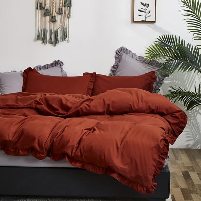 CLOTHKNOW Rust Ruffles King Size Comforter Set Farmhouse Bedding Comforter Sets Burnt Orange Comforter Soft Shabby Chic Comforter Vintage Rustic Bedding Sets