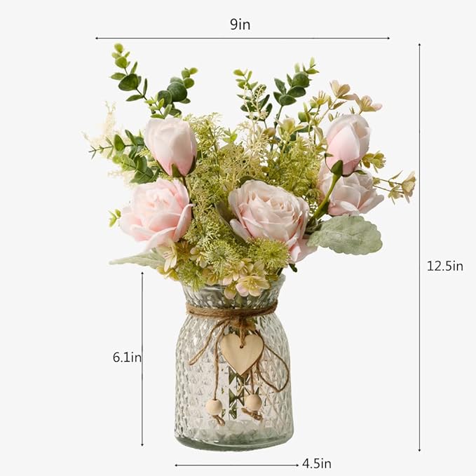 YJ Fake Flowers with Vase, Artificial Flowers Silk Roses Flower Bouquet in Vase, Faux Flower Arrangements,Farmhouse Table Decor,Table Decorations for Living Room(Pink)