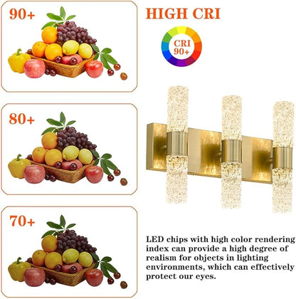 Gold Bathroom Light Fixture, Modern Gold Vanity Light for Bathroom, Crystal 6 Light Bathroom Light Fixtures Over Mirror, 27w LED Bathroom Wall Sconce 3000K Warm White