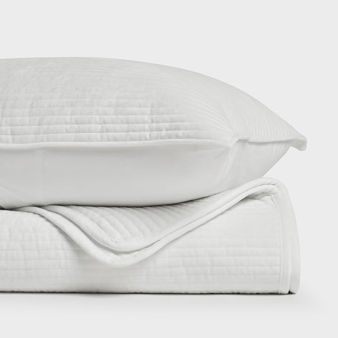 EVERGRACE Velvet Quilt Set King Size, Luxurious Soft Quilted Bedding Sets, Lightweight Velvet Comforter for All Season, Striped Channel Bedspread Coverlet with 2 Shams, Bright White